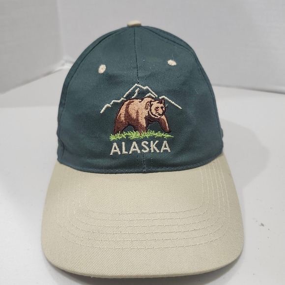 Alaska Shirt Company Grizzly Bear Hat Green Tan Snapback Baseball Cap Souvenir